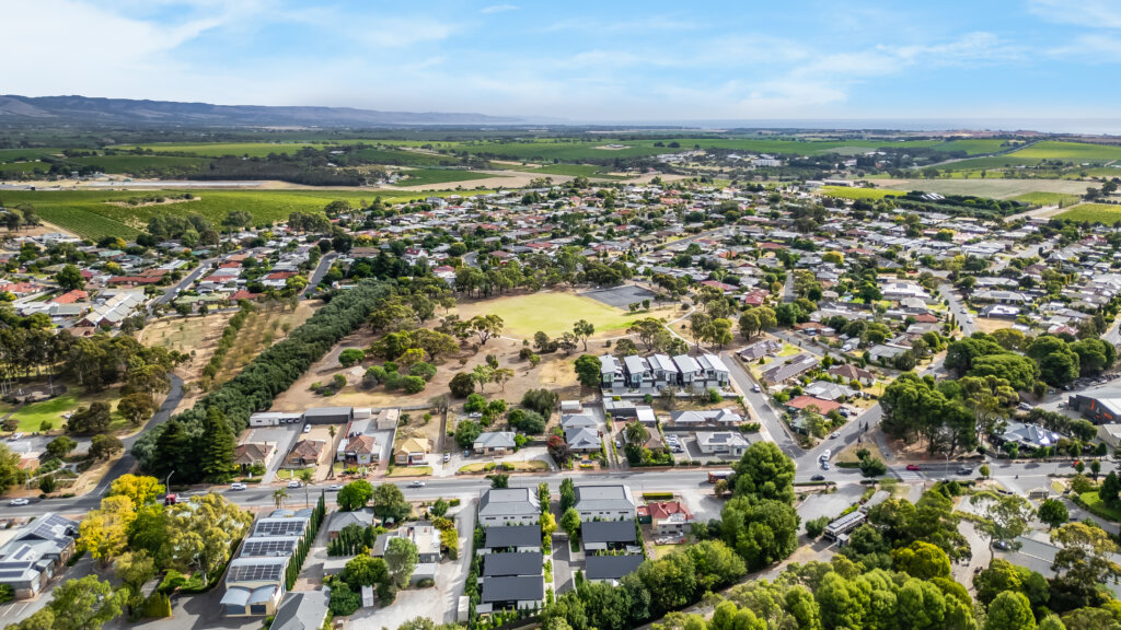 Vale 194 in foreground in the middle of the McLaren Vale Main Street with vineyards in the distance