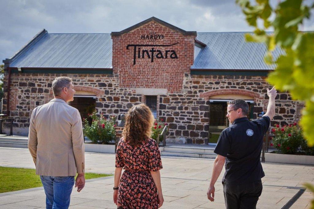 Hardy's Tintara wine tour in McLaren Vale with guide and two customers