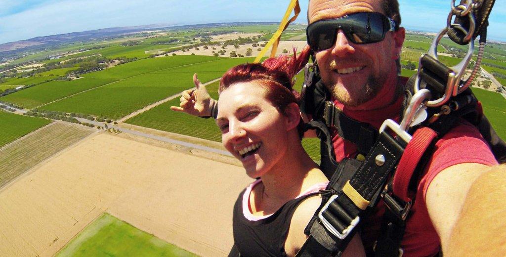 Skydive the Vines parachuting with vineyards in the background