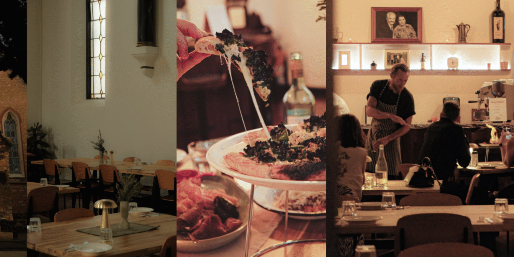 Joes at Sabella 3 images a set dining room with high ceilings and beautiful stain glassed windows - a dish with pizza and wine sharing food - a waiter serving customers in a busy restaurant