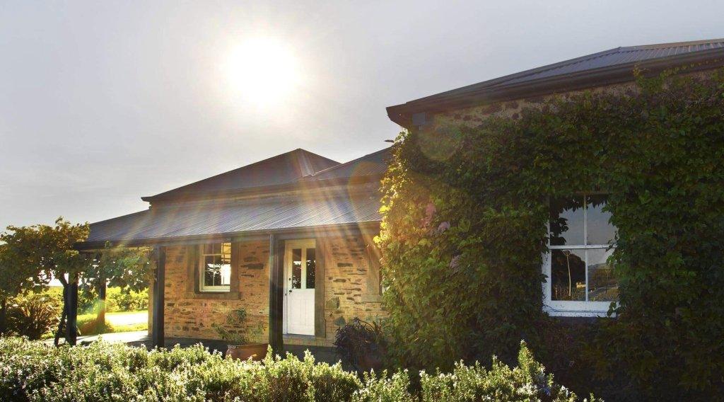Salopian Inn old stone building with vines over the front of the building looking very lush and light streaming over the garden