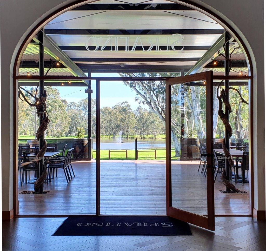 Serafino Restaurant with views to lake water with fountain