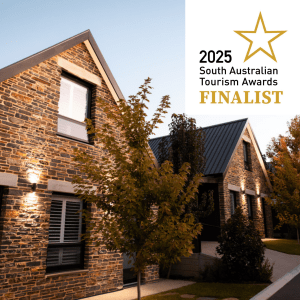South Austrlian Tourism Awards Finalist 2025 Vale 194 Stone Buildings with dusk light and trees glowing golden